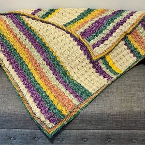 Handmade Crochet Striped Throw Blanket in Cream, Purple, Green & Yellow